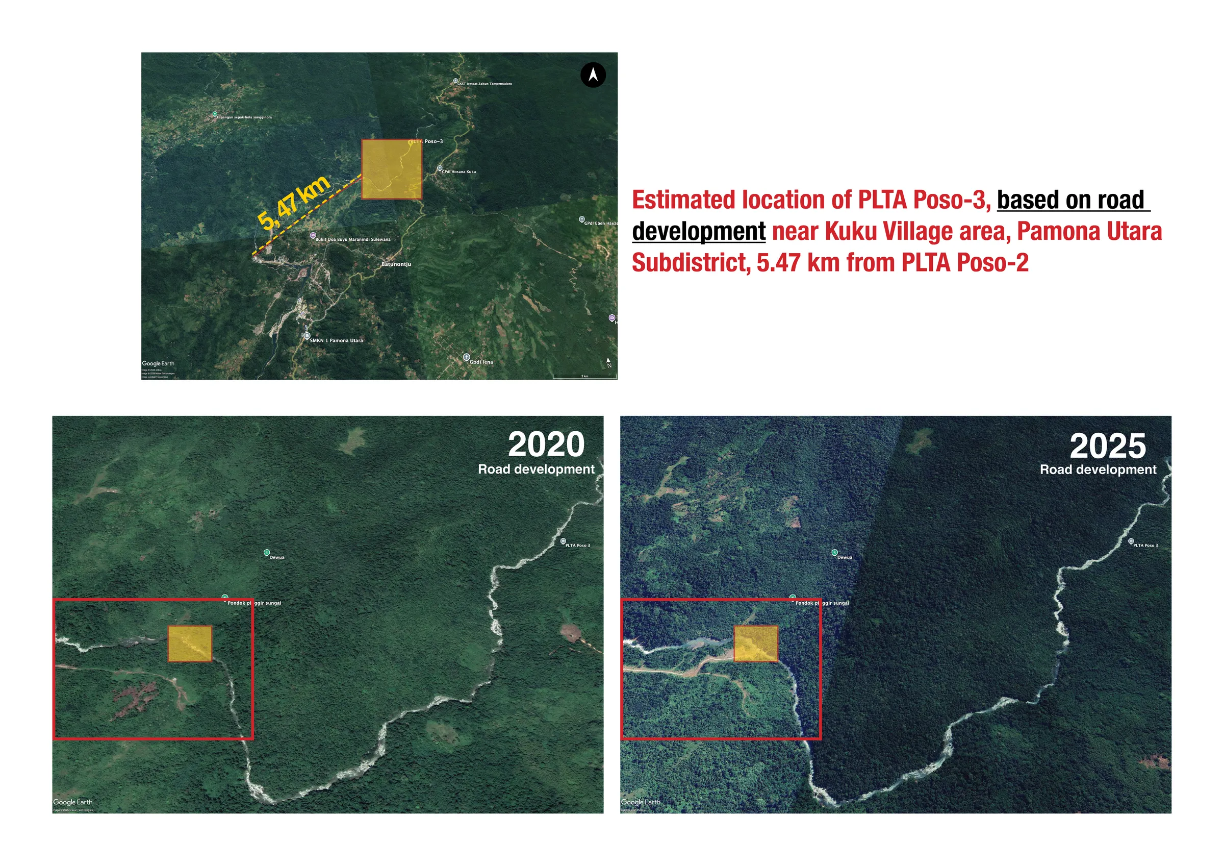 The section drawing was calculated through satellite images to understand the exact location of the planned development in Tampemadoro (PLTA Poso 3) and Pandiri village (PLTA Poso 4). As of this research, which commenced in 2026, PLTA 3 has not yet published its EIA, although field interlocutors said that the “land freed” has started.