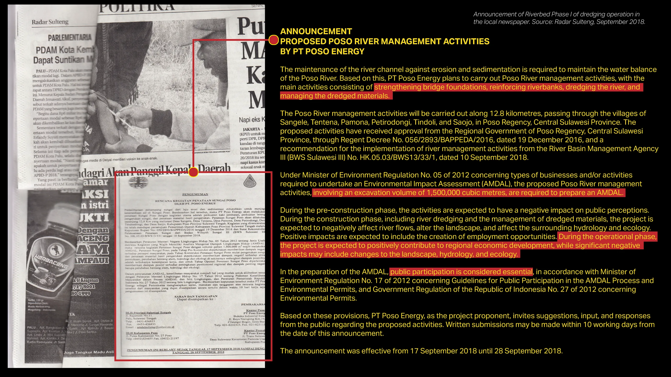 Announcement in the local newspaper about the first phase of river dredging (in the ANDAL, the 1,500,000 metre cubic were mentioned as “second segment, that were dredged from kilometre 4+000–12+800, with a dredging width of 26 metres extending from the deepest axis of the river towards its banks. The dredging depth is 6 metres, with a total excavation volume of 1,500,000 metre cubic.